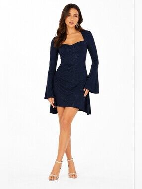 Windsor Navy Blue Glitter Mini Dress Open Back Long Sleeve Size L NWT